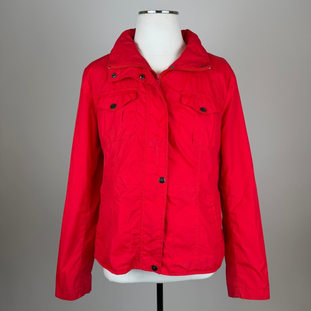 Kenneth Cole Reaction Red Nylon Windbreaker Jacket Womens Medium Hooded Zip Up